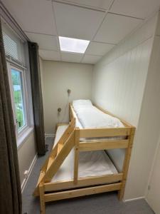 a bunk bed in a room with a window at Åsen Apartment, Stamsund in Stamsund