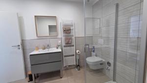 a bathroom with a sink and a toilet and a mirror at Auszeit am Eifeltor in Euskirchen in Euskirchen