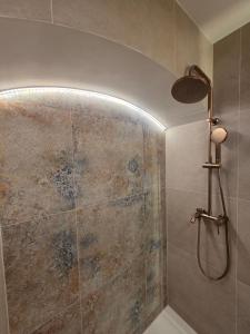 a shower with a shower head in a bathroom at Apartament Wiaduktowy in Srebrna Góra