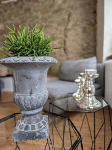 a large concrete vase with a plant on a table at Das Kirch24 - DAS Ferienhaus in Heidenburg in Heidenburg