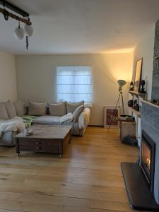 a living room with a couch and a fireplace at le chalet des remparts in Aywaille