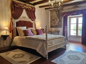a bedroom with a canopy bed and a window at Château de Naie in Avon-les-Roches