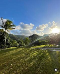 a field of grass with a palm tree and the sun at Vila_da_Montanha in Gravatá