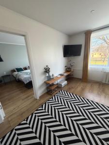 a bedroom with a bed and a mirror in it at Cozy Apartment In Sigulda in Sigulda