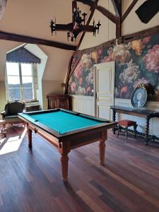 a room with a pool table in a room with a painting at Château de Naie in Avon-les-Roches