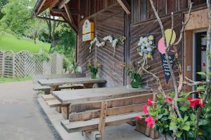 a group of benches outside of a building with flowers at Ferienwohnung Obstgarten in Märstetten