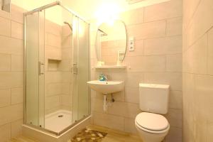 a bathroom with a shower and a toilet and a sink at Mohacsi Guesthouse in Budapest +27 photos