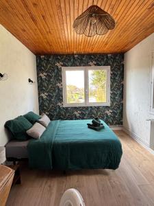 a bedroom with a green bed and a window at Maison chaleureuse de village - location à la chambres in Lanans