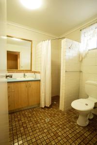 a bathroom with a toilet and a sink and a mirror at Pialba Motor Inn in Hervey Bay +11 photos