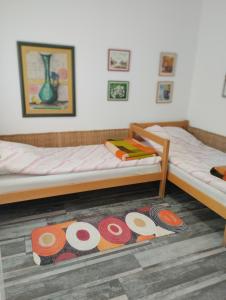 two beds in a room with mats on the floor at Cyclo Apartment Pinki in Bačka Palanka