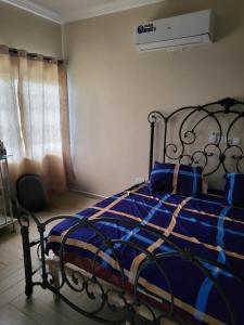 a bedroom with a bed with a blue blanket and a window at Steco rental in Amasaman