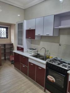 a kitchen with a sink and a stove top oven at Steco rental in Amasaman