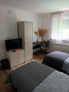 a bedroom with two beds and a dresser with a television at Mitrovića kuća in Arandelovac