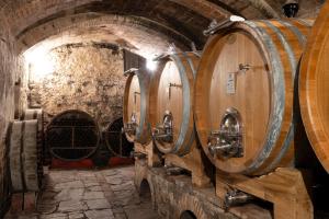 a row of wine barrels in a cellar at Fattoria di Cinciano in Poggibonsi
