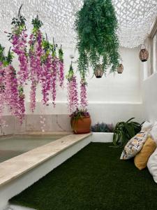 a room with plants hanging from a ceiling at Tu Casita Rural in Valdilecha
