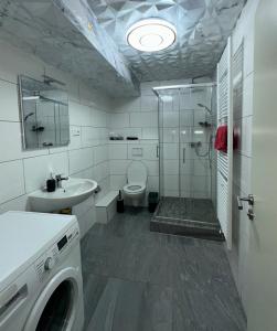 a bathroom with a toilet and a sink and a washing machine at Voyage Pension in Leipzig +152 photos