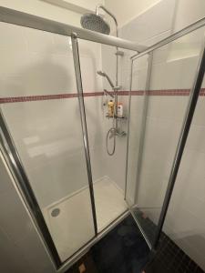 a shower with a glass door in a bathroom at Le Sam in Brive-la-Gaillarde +29 photos