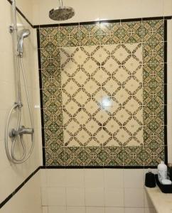 a bathroom with a shower and a tiled wall at Dar Haroun Tunis in Tunis