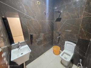 a bathroom with a sink and a toilet at The Redcarmine in New Delhi +6 photos