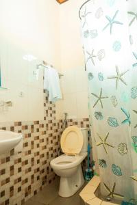 a bathroom with a toilet and a sink and a shower curtain at Kibeho Pilgrimage Center in Giseke +65 photos