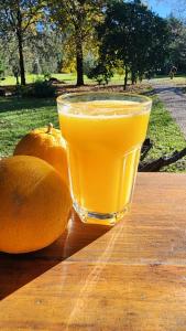 a glass of orange juice sitting on a table with two oranges at INDIRA Hospedaje Canning in Canning +2 photos