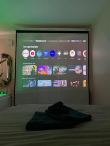 a bed with a large screen in a room at La Jungle - A71 - Jacuzzi et Cinéma in La Chapelle-Saint-Ursin