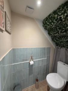 a bathroom with a toilet and a green plant at La Jungle - A71 - Jacuzzi et Cinéma in La Chapelle-Saint-Ursin +14 photos
