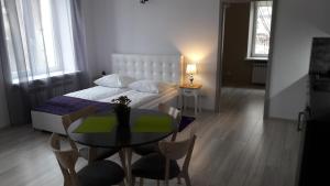 een slaapkamer met een bed en een tafel en stoelen bij Magnolia Apartment in Białystok