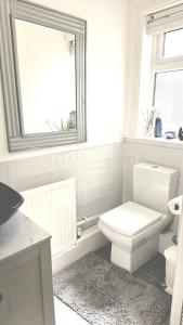 a white bathroom with a toilet and a window at Double room in Reading in Earley