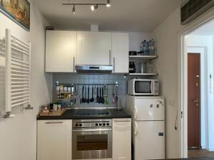 a kitchen with a stove and a white refrigerator at Appartamento Ato La Gerbia in Cannobio