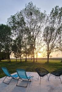 three chairs sitting on a patio in a park at Le Chai d'Auguste in Pauilhac