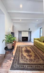 a living room with a green couch and a fireplace at Cavigliano Rustico - free parking in Cavigliano