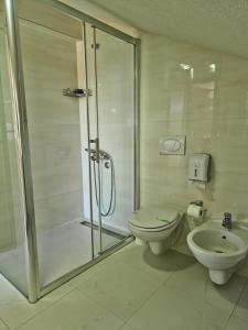 a bathroom with a shower and a toilet and a sink at Pure Sky Apartments - with pool in Mostar