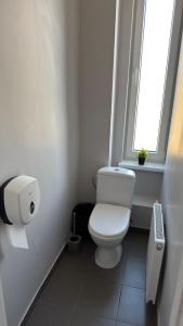 a white bathroom with a toilet and a window at Smilšu ielas Hostelis in Valmiera +17 photos