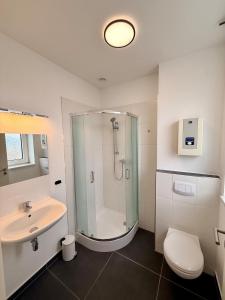 a bathroom with a shower and a toilet and a sink at Spektakuläres Turm-Loft mit Aussicht in Braunschweig