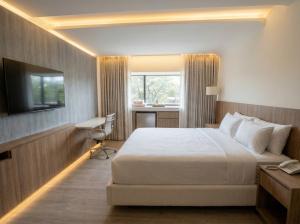 a hotel room with a bed and a desk and a window at Viale Jardins in Foz do Iguaçu