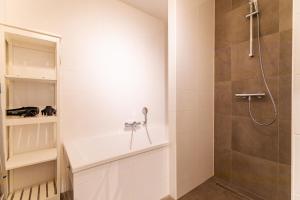 a bathroom with a shower and a white counter at Duinhof Klein Dishoek - Appartementen onder aan de duinen, in het centrum met terras in Dishoek