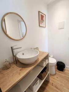 a bathroom with a sink and a mirror on a counter at Petit cocon avec terrasse privée à Saint Barthélémy in Saint-Barthélemy-dʼAnjou