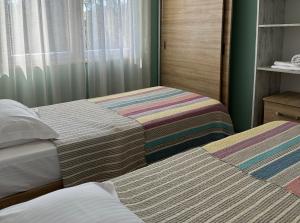 two beds in a room with green walls at Rezidenca Kalter Durres in Golem