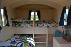 a bedroom with two bunk beds in a tiny house at Isabelle Shepherd's hut in Hethersett