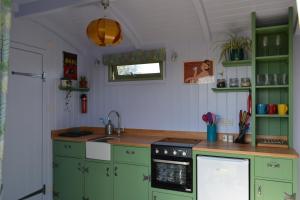a kitchen with green cabinets and a stove at Isabelle Shepherd's hut in Hethersett