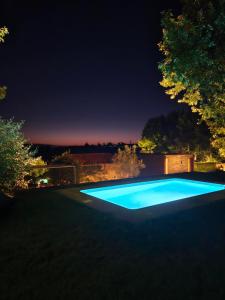 a large blue swimming pool at night at Casa das Rosas in Cimbres