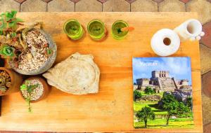a wooden table with plants and a magazine and a book at Casa Magu Merida in Mérida