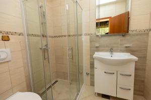 a bathroom with a shower and a sink and a toilet at BELAIR Rooms Montenegro in Sutorina +12 photos