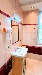 a bathroom with a sink and a mirror at Luna Rooms Oświęcim in Oświęcim +21 photos