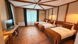 a hotel room with two beds and a flat screen tv at Diamond Koru Hotel in Amasra