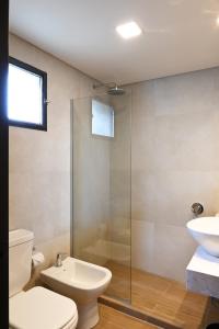 a bathroom with a shower and a toilet and a sink at Hotel Nevada in San Carlos de Bariloche +42 photos