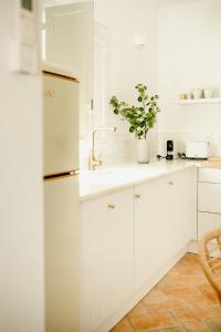 a kitchen with white cabinets and a potted plant at Casa do Mar - Casas do Levante in Olhão