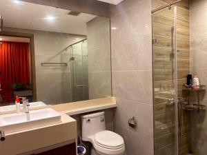a bathroom with a shower and a toilet and a sink at Caracole homestay - 2BR with cozy balcony garden in Kim Quan