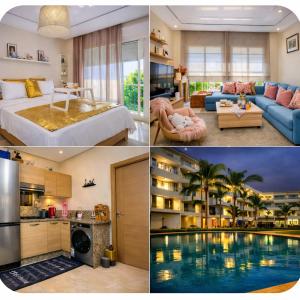 a collage of photos of a hotel room with a pool at Cosy appartement in Bouznika